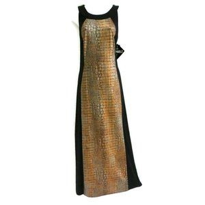 NEW R and M Richards Dress Black Maxi Croc Gold Stretch USA 14